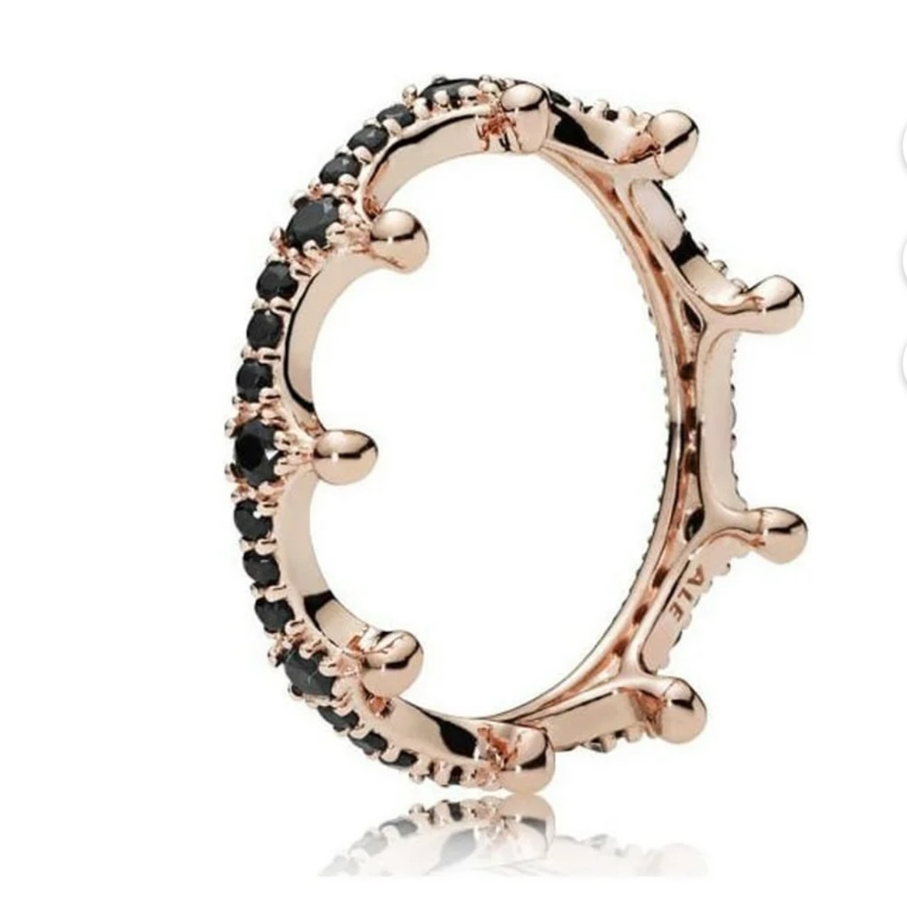 Pandora Rose Gold Enchanted Crown Ring Size 7 With Black Crystal